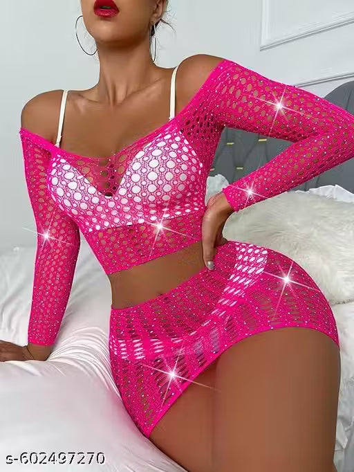 Neobaby Hot Fishnet Lace Babydoll Set – Off-Shoulder Bikini + Mini Skirt | Sexy Honeymoon, Wedding Night & Valentine’s Gift for Her (Imported & Ultra-Flirty!)