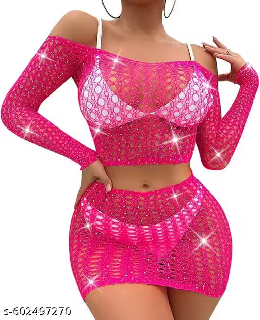 Neobaby Hot Fishnet Lace Babydoll Set – Off-Shoulder Bikini + Mini Skirt | Sexy Honeymoon, Wedding Night & Valentine’s Gift for Her (Imported & Ultra-Flirty!)